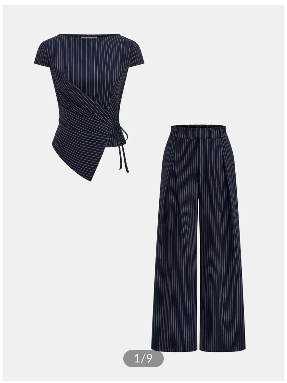 Commense Navy wrap tie top Pinstripe & Wide-Leg Pants
